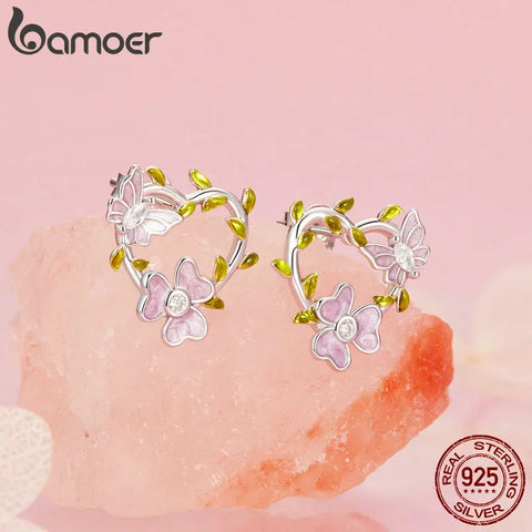 BAMOER 925 Sterling Silver Wisteria Flower & Butterfly Stud Earrings Heart Vine Earrings for Women Girls Romantic Fine Jewelry