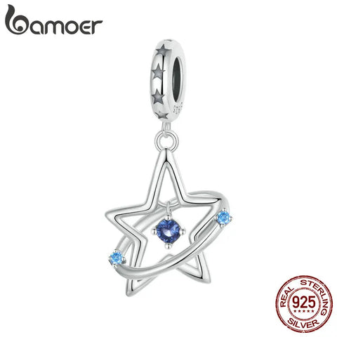 BAMOER 925 Sterling Silver Dreamy Star Pendant Beads, Shiny CZ Charms Compatible with Women's Bracelet Necklace