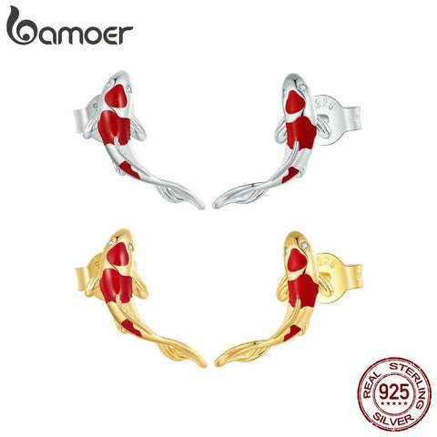 BAMOER 925 Sterling Silver Koi Fish Red Carp Stud Earrings for Women Platinum Plated Inlaid with Shining Zircon Fashion Jewelry