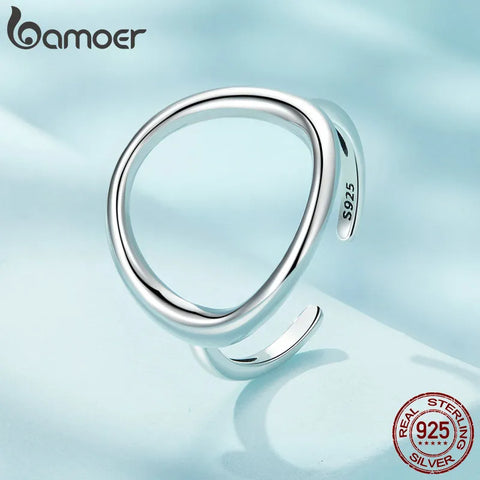 BAMOER Sterling Silver 925 Simple Minimalist Round Finger Rings for Women Wedding Engagement Statement Jewelry SCR919
