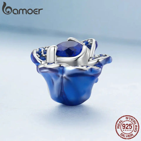 BAMOER 925 Sterling Silver Luxury 3D Blue Rose Charm Beads Fit Original Bracelets Women DIY FINE Jewelry Accessories BSC879