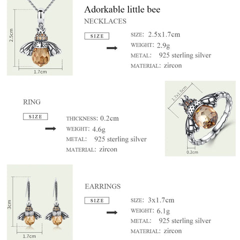 BISAER 925 Sterling Silver Cute Orange Zircon Bee Jewelry Set Pendant Necklace & Stud Earrings & Ring For Elegant Women's Party