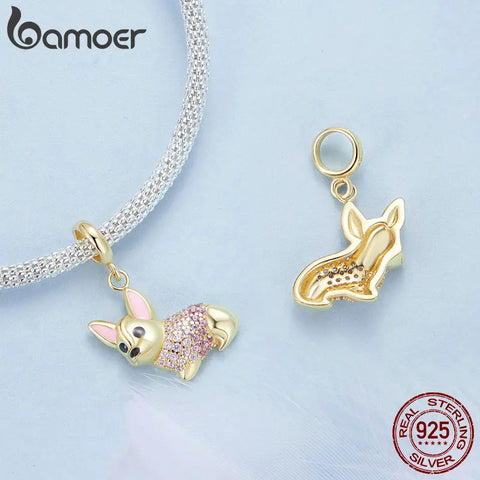 BAMOER 925 Sterling Silver Lovely Corgi Pendant Cute Dog Charms for Women Bracelet Making Gold Plated Fine Jewelry Accessories