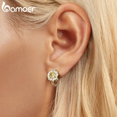 BAMOER 925 Sterling Silver Sunflower Hypoallergenic Hoop Earrings Valentine's Day Birthday Gifts for Women Girls Wife Daughter