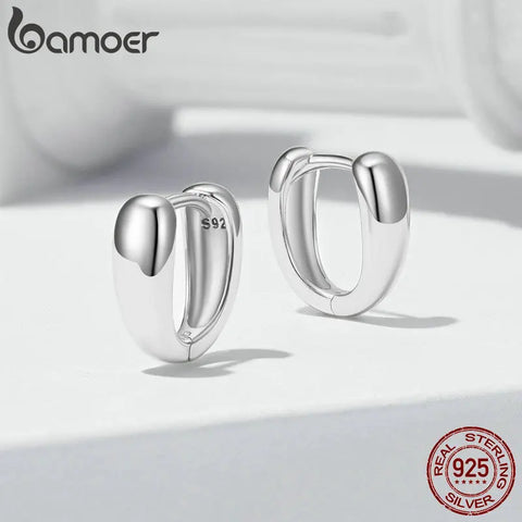 BAMOER 925 Sterling Silver Office Lady Style Simple Huggie Ear Buckles Gold Plated Hoop Earrings for Women Fine Jewelry