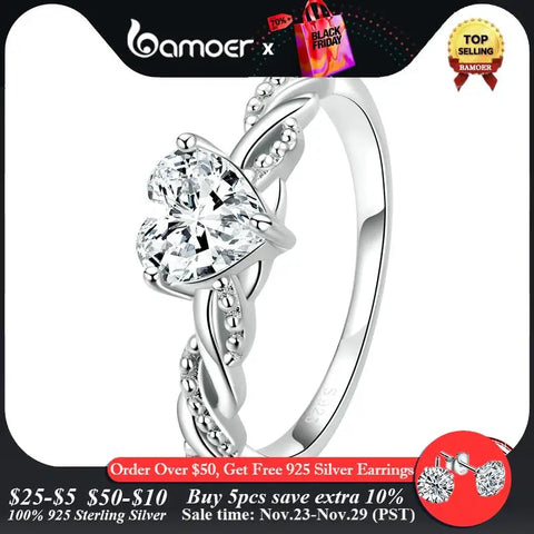 Bamoer 925 Sterling Silver Romantic Love Ring for Women Fine Jewelry Shining Heart Stone Ring for Girl Wedding Bridal Gift