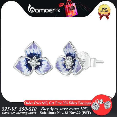 BAMOER Purple Enamel Pansy Earrings 925 Sterling Silver CZ Flower Stud Earrings Platinum Plated for Women Girls BSE860