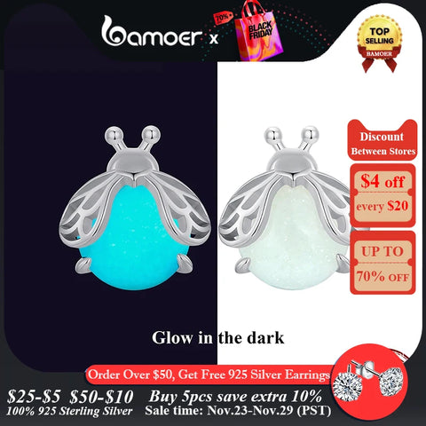 Bamoer 925 Sterling Silver Glow-in-the-dark Firefly Stud Earrings Luminous Insect Earrings for Women Chic Fine Jewelry SCE1647