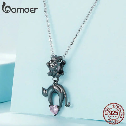 Bamoer 925 Sterling Silver Black Cat Pendant Charms Pink Heart Plated Black Gold Bead for Women Bracelet & Necklace Fine Jewelry