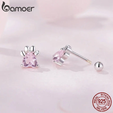 Bamoer 925 Sterling Silver Cute Dog Paw Stud Earrings Pink Heart Zirocn Footprint Earrings for Women Birthday Gift Fine Jewelry