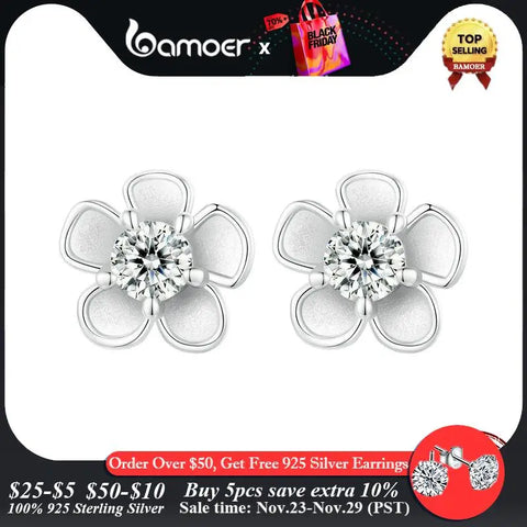 BAMOER Moissanite 925 Sterling Silver Stud Earrings, Brilliant Sakura Shape VVS1 Clarity Lab Created Diamond Earrings
