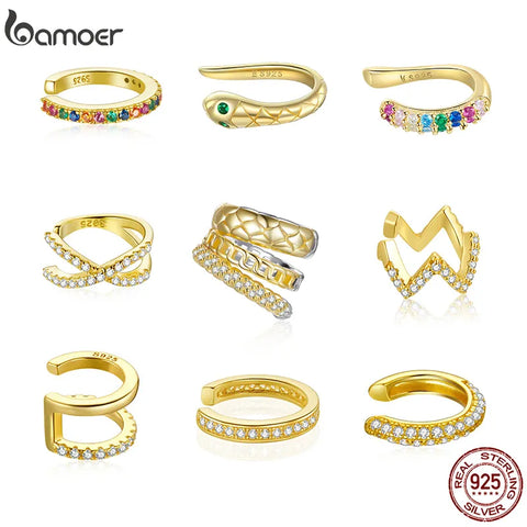 bamoer 925 Sterling Silver 14K Gold Plated Cubic Zirconia Sparkling Huggie Ear Cuff Gold Earrings for Women | Clip On Cartilage