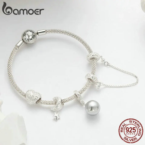 Bamoer 925 Sterling Silver Moon and Star Bead Quality Shell Pearl Pendant Charm for Women Bracelet and Necklace DIY Fine Jewelry