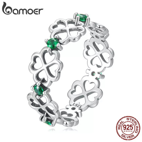 BAMOER 925 Sterling Silver Ring Four Leaf Clover Good Luck Band Ring for Women Girl Fashion Gifts Comfort Fit Size 6 to 9