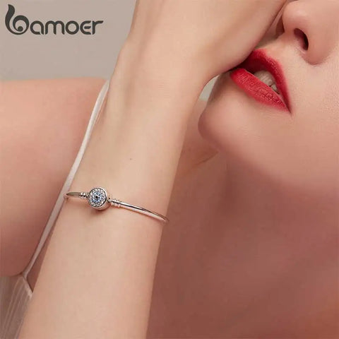 Bamoer Authentic 925 Sterling Silver Blue Evil Eye Bangle Demon Eye Bracelet Clear CZ Luxury Chain Jewelry SCB012