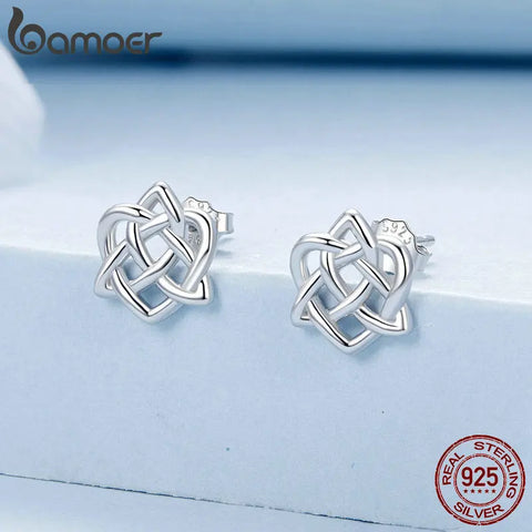 BAMOER 925 Sterling Silver Celtic Knot Ear Studs Earrings Heart Shape Twisted Line Earrings for Women Trendy Jewelry Gift