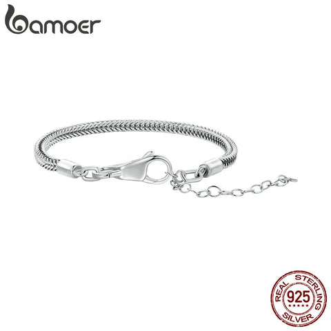 BAMOER Authentic 925 Sterling Silver Snake Charm Chain with 4 Style Lobster Clasp DIY Charm Bracelets BSB148