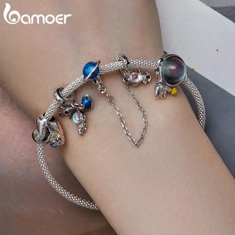 Bamoer 925 Sterling Silver Astronaut Hanging Bead Heart-shapped Charms for Women Bracelet and Necklace DIY Fine Jewelry