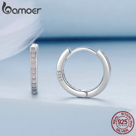 Bamoer 925 Sterling Silver Pink Opal Ear Buckles Classic Round Hoop Earrings for Women Girls Original Design Fine Jewelry
