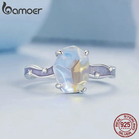 Bamoer Solid 925 Sterling Silver Purple Stone Aurora Ring Wave Band Ring for Women Party Fine Jewelry Gift