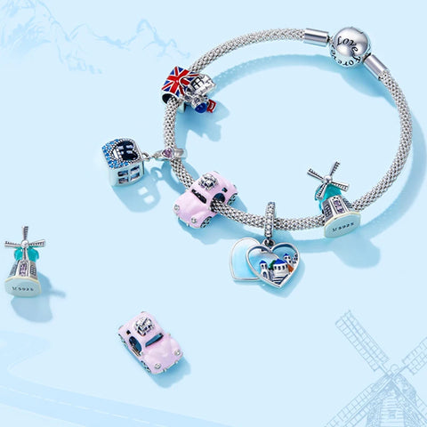 Bamoer 925 Sterling Silver Travel London Charm Pink Cable Car Windmill Zirconia Heart Beads for Women Bracelet Jewelry SCC1738