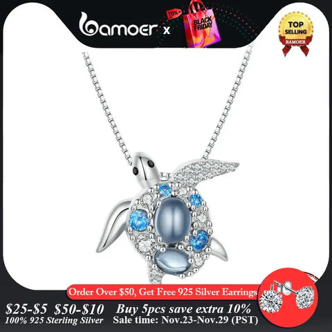 Bamoer 925 Sterling Silver Blue Spinel Sea Turtle Pendant Necklace Pave Setting CZ for Women Valentine's Day Gift