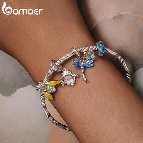 Bamoer 925 Sterling Silver Dainty Dragonfly Pendant Charms Yellow Bee Beads for Women Bracelet & Bangle DIY Fine Jewelry