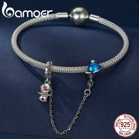 Bamoer 925 Sterling Silver Astronaut Safety Chain Planet Chain Accessory for Women Bracelet Bangle DIY Fine Jewelry BSC792