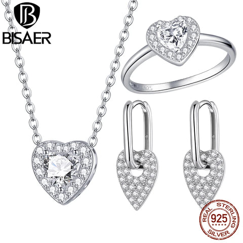 BISAER 925 Sterling Silver Heart Statement Jewelry Sets Clear Shining CZ Promise Ring Necklace Eearrings Women Wedding Luxury