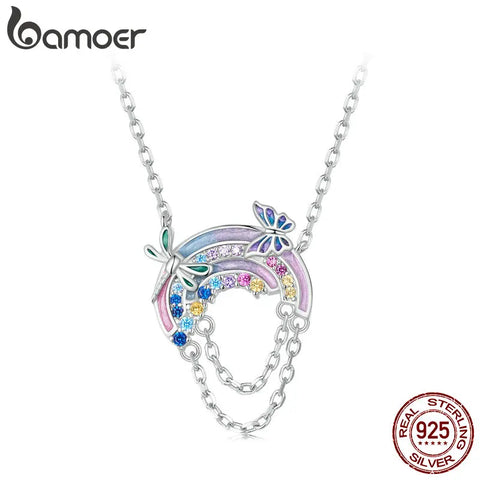 BAMOER Rainbow Necklaces for Women, 925 Sterling Silver Butterfly & Dragonfly Pendant Necklace Jewelry Gift for Women
