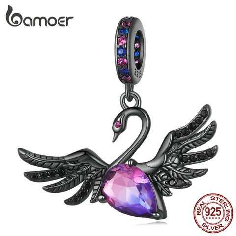Bamoer 925 Sterling Silver Black Swan Hanging Bead Plated Black Gold Pendant Charms for Women Bracelet and Necklace DIY Jewelry