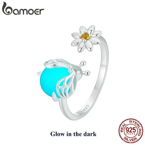 BAMOER 925 Sterling Silver Animal Open Rings for Women, Luminous Firefly Ring High Polish Comfort Fit Adjustable Ring