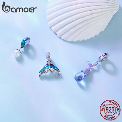 Bamoer 925 Sterling Silver Mermaid Tail Waterdrop Pendant Charms Fish Scale Beads for Women Bracelet and Necklace DIY