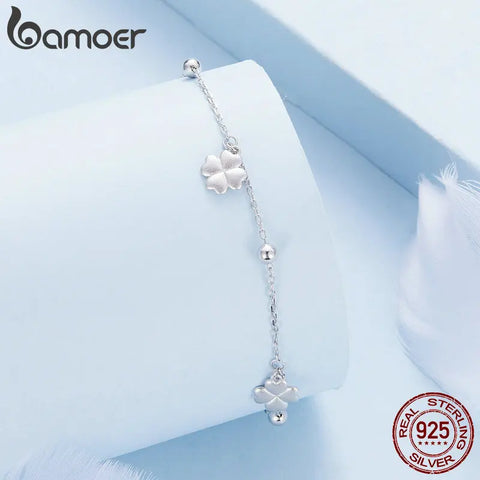 Bamoer 925 Sterling Silver Plain Lucky Four-Leaf Clover Adjustable Bracelet Korean Style Chain Link for Women Birthday Gift