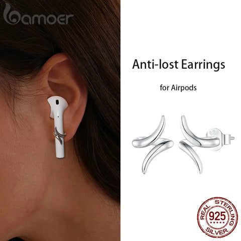Bamoer 925 Sterling Silver Anti-lost Earphone Earrings Geometric Stud Earrings Platinum Plated Fashion Jewelry for Women Party