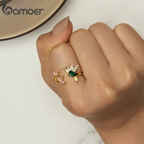 BAMOER 925 Sterling Silver Hummingbird Open Ring Dazzing CZ Adjustable Finger Rings for Women Silver Jewelry Gift BSR016