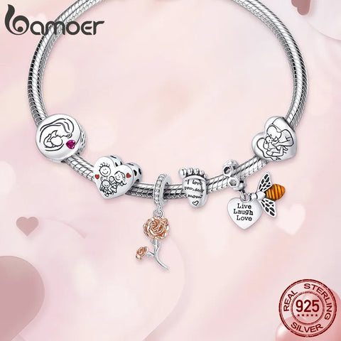 bamoer 925 Sterling Silver Family Maternal Love Charm Baby Feet Bead Mom Heart Pendant for Original Bracelet Bangle DIY Jewelry