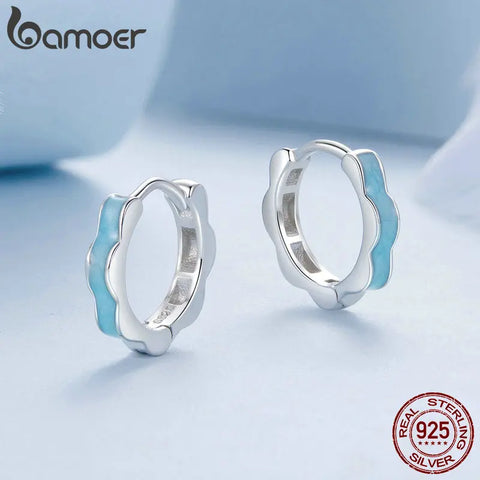 BAMOER 925 Sterling Silver Blue Enamel Flower Shape Ear Buckles Huggie Studs for Women Plated Platinum Fine Jewelry