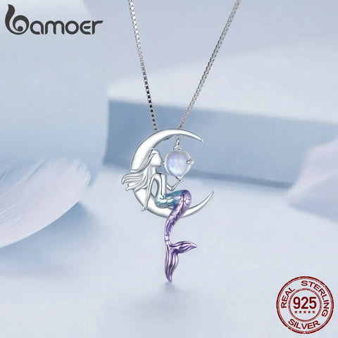 Bamoer 925 Sterling Silver Mermaid Pendant Necklace Moon Neck Chain for Women Delicate Birtrhday Gift Fine Jewelry