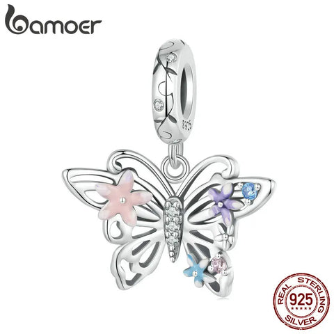 BAMOER 925 Sterling Silver Animal Pendant Beads, Butterfly Enamel Process Charms Compatible with women's bracelet necklace
