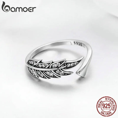 BAMOER Hot Sale Authentic 925 Sterling Silver Feather Wings Adjustable Finger Ring for Women Sterling Silver Jewelry Gift SCR313