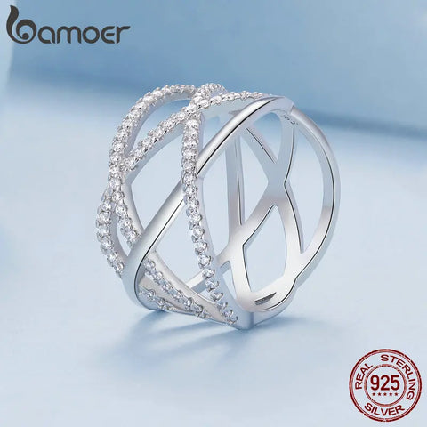 Bamoer 925 Sterling Silver Simple Samsara Finger Ring Geometric Ring for Women Birthday Gift Pave Setting CZ Fine Jewelry BSR396