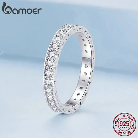Bamoer 925 Sterling Silver Classic Zircon Engagement Band Promise Bridal Ring Fine Jewelry Gift for Women BSR462