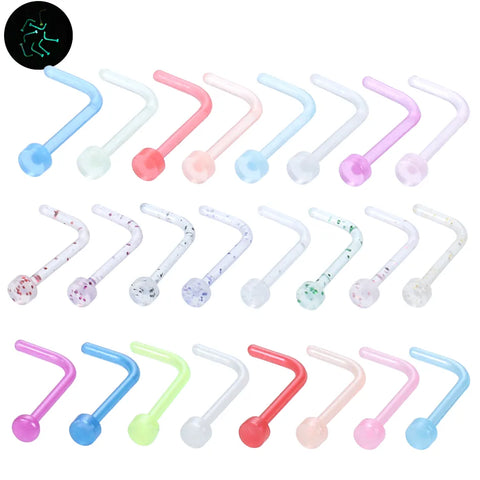 8Pcs/lot Acrylic L Shape Nose Stud Luminous 2mm Clear Nose Ring Set Nose Screw Piercings Nariz Nose Piercing Body Jewelry 20G