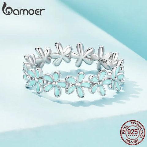 Bamoer 925 Sterling Silver Small Blue Wreath Finger Ring Enamel Flower Ring for Women Valentine's Day Gift Romantic Fine Jewelry