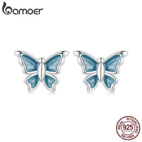 BAMOER 925 Sterling Silver Blue Enamel Mini Butterfly Stud Earrings for Women Girls Sweet Fine Jewelry Birthday Gift