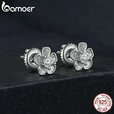 BAMOER Moissanite 925 Sterling Silver Stud Earrings, Brilliant Sakura Shape VVS1 Clarity Lab Created Diamond Earrings
