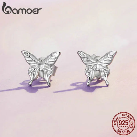 Bamoer 925 Sterling Silver Dancing Butterfly Stud Earrings Platinum Plated for Women Simple Fine Jewerly Gift BSE861