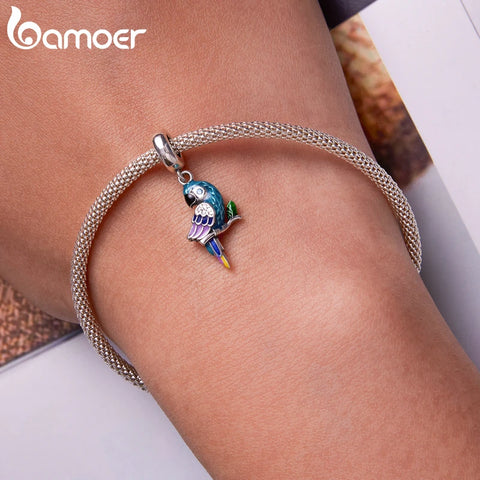 Bamoer 925 Sterling Silver Vivid Bright Parrot Pendant fit for Charms Bracelet & Bangle Dainty Bird Charms Women Fine Jewelry