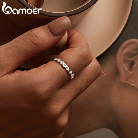 BAMOER 925 Sterling Silver Fashion Finger Ring Cubic Zirconia Band for Women Birthday Gift Simple Fine Jewelry